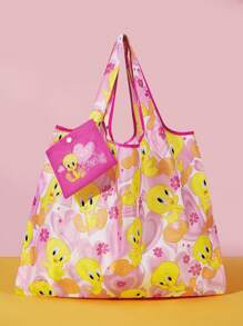 LOONEY TUNES X SHEIN 卡通和心形字母印花可折叠可重复使用购物手提袋，Tweety - 彩色 - 查看 2