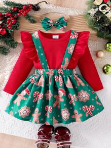2pcs Infant Baby Girls Ruffled Floral Long Sleeve Bodysuit & Overalls Dress Set With Matching Bow Hairband, Autumn - Red - View 1