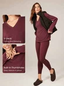 GLOWMODE Modal Silky Smooth Oversized V-Neck Hip Length Long Sleeve Sweatshirt With Thumbholes Daily Casual  Spring Summer - Burgundy - View 3