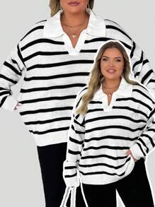 SHEIN CURVE+ 大码宽松复古条纹Polo领毛衣，撞色设计，秋冬针织套头衫 - 黑與白 - 查看 5