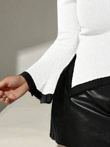 SHEIN Clasi Plus Size Asymmetric Hem Color Block Long Sleeve Pullover Sweater, Knit Pullover Fall Winter - White - View 3