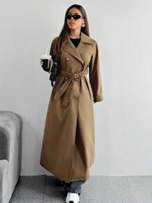 SHEIN EZwear Autumn/Winter New Brown Lapel Double-Breasted Long Women's Trench Coat