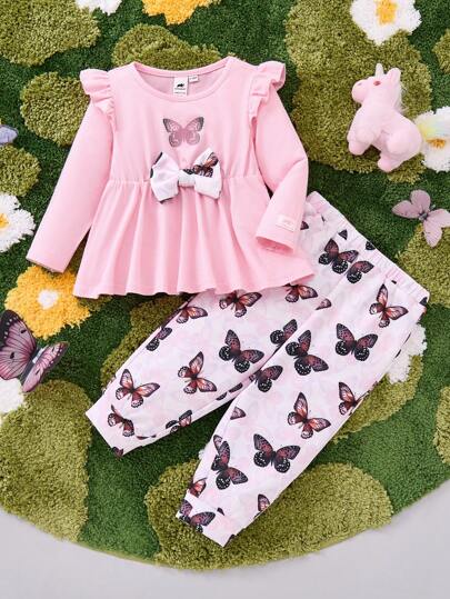 Animal Planet X SHEIN 2pcs Baby Girl Cartoon Butterfly Print 3D Bow Long Sleeve T-Shirt & Pants Casual Comfortable Set