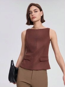 Casual Commuter Solid Color Fleece Effect Zip-Up Tank Top - Brown - View 5