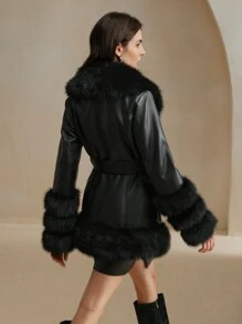 Anewsta 秋冬新款毛绒外套狐狸毛拼布女长款大衣简约时尚