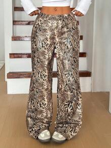 SHEIN EZwear Women Snake Skin Print Pockets Button Fly Loose PU Leather Pants - Brown - View 5