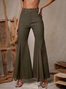 Denimoi Women's Solid Color High Waist Pockets Splicing Mesh Flare Pants, Elegant - Olive Green - View 3
