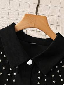 SHEIN Clasi Plus Size Women Casual Loose Rhinestone & Pearl Decorated Jacket, For Autumn - Black - View 6