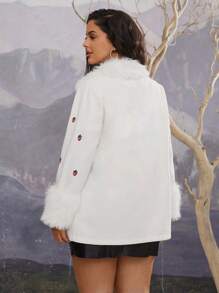 SHEIN VCAY Plus Size White Fluffy Strawberry Embroidery Casual Coat With Fluffy Trim, For Winter - White - View 2