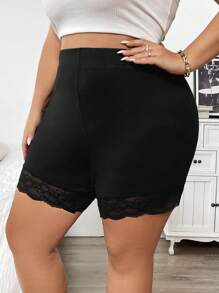 SHEIN CURVE+ Plus Size Women's Lace Patchwork Leggings And Shorts (2 Pieces Set) - Black - View 3