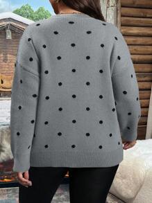SHEIN LUNE 大码休闲落肩波点图案毛衣，秋冬针织套头衫 - 淺灰色 - 查看 2