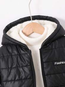 SHEIN Leap Crew 1 件装年轻男孩休闲字母贴片连帽拉链保暖内衬冬季派克大衣，适合通勤、上学、日常休闲、旅行、运动、秋冬季 - 黑色 - 查看 4