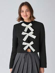 Enchnt Women's Round Neck Long Sleeve Casual Jacket With Front Tie Decoration, Minimalist Style - Black - View 3