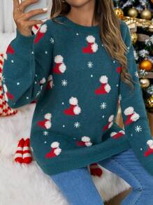 SHEIN Maternity Christmas Sweater, Women Knitted Pullover, Blue, Suitable For Autumn And Winter - Teal Blue - View 2