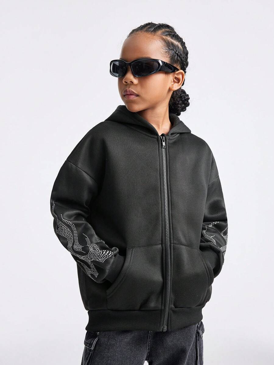 SHEIN Tween Girls' Sequin Panel Zip-Up Hooded Sweatshirt In Black - Black - View 1