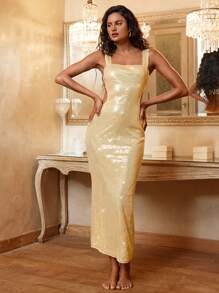 Opulessa Sleeveless Solid Color Sequins High Waist Backless Dress For Women, Suitable For Party & Events - Gold - View 6