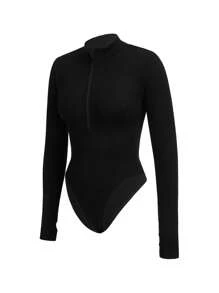 Easithlete Solid Color Stand Collar Jumpsuit/Seamless/Waist Cinched/Zipper - Black - View 3