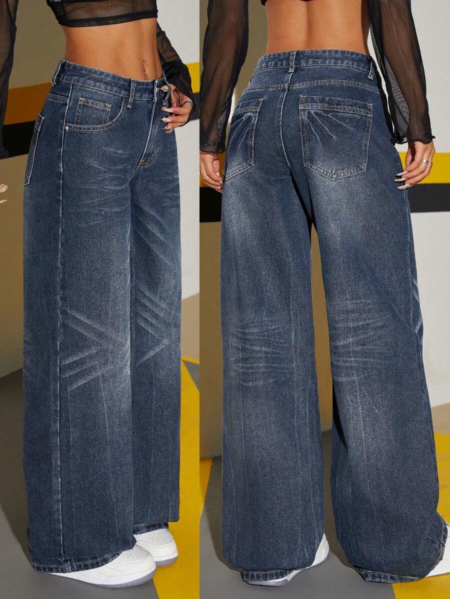 SHEIN ICON Women Casual Washed Mid-Waist Wide Leg Jeans - Dark Wash - View 1