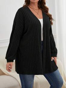 SHEIN CURVE+ Plus Size Women's Solid Color Dropped Shoulder Front Open Long Sleeve Cardigan, Autumn/Winter - Black - View 2