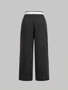 SHEIN MOD Plus Size Women Black Striped Suit Pants, High-Waisted Trousers - Black - View 2