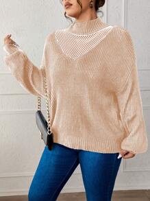 SHEIN LUNE Plus Size Contrast Fish Net Crew Neck Long Sleeve Sweater Knit Pullover Fall Winter - Baby Pink - View 4