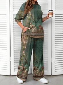 EMERY ROSE Vintage Floral Print Casual Minimalist Plus Size Sweatshirt Set, Spring & Autumn