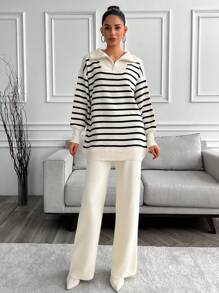 EURMUSE Women's Striped Lapel Neck Long Sweater And Knitted Pants 2-piece Set - Apricot - View 4