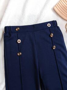 SHEIN Tween Girl Solid Color Double-Breasted Urban Tapered Pants - Navy Blue - View 3