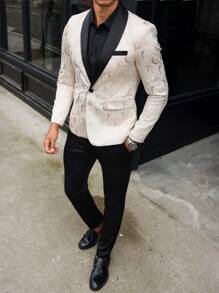 Manfinity Mode 男士 2 件套商务西装套装，拼色披肩领长袖夹克和裤子，适合外出，秋季