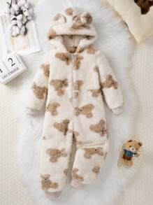 SHEIN Young Boy Cute Bear Graphic Reversible Flannel Hooded Long Sleeve Footed Jumpsuit Sleepwear - White - View 1