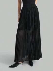 Ontre 女士黑色百褶裙，商务休闲雪纺高腰裙，优雅秋冬/返校装 - 黑色 - 查看 6