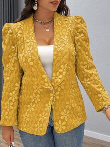 Flirla 大码女式花卉提花泡泡袖优雅西装外套，秋季 - 黃色 - 查看 7