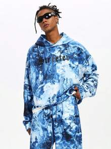 Manfinity VCAY 2pcs Set Men Ocean Wave Print Loose Drop Shoulder Hoodie Sweatshirt And Drawstring Waist Straight Leg Pants Tracksuit, For Fall Winter - Blue - View 1