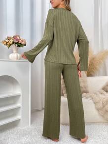 2pcs Minimalist Women Solid Color Round Neck Drop Shoulder Long Sleeve T-Shirt And Pants Homewear Set