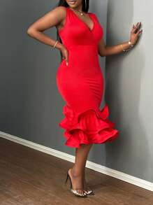 Slaydiva Đầm bodycon cổ chữ V xẻ sâu thanh lịch - E - Đỏ - Xem 5