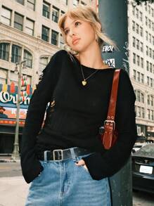 SHEIN EZwear Áo len dệt kim rộng rãi, rách rưới, màu đen, mùa thu/đông cho nữ - màu đen - Xem 6