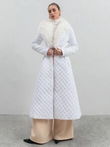 CLARA VERO Long Padded Coat With Patchwork And Collar, Fur Details, Quilting Fabric - White - View 6