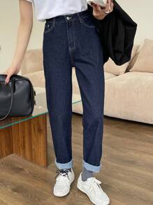 DAZY 1pc Women Solid Color Vintage Wash Straight Leg Skinny Jeans - Blue - View 1