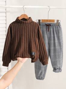 2pcs/Set Young Boys Casual College Style Comfortable & Fashionable Textured Fabric Sweatshirt Preppy Top & Plaid Pants, Versatile First Day Of School Kids Outfit, Young Boy Clothes For School, Back To School, Suitable For Daily Wear, Outing, Sports In Autumn/Winter