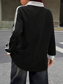 SHEIN EZwear Áo nỉ thể thao cổ chữ V thời trang thu đông giản dị cho nữ - màu đen - Xem 2