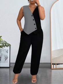 SHEIN LUNE Bộ đồ 2 món cho nữ cỡ lớn, áo vest và quần đơn hàng ngày, trang phục thường ngày - Nhiều màu - Xem 3