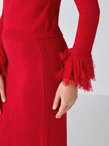 Enchnt Jupe-pull maxi à ourlet duveteux de couleur unie pour femmes, automne/hiver