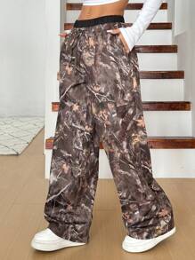 SHEIN EZwear 女式印花梭织阔腿裤 - 橄欖綠 - 查看 4