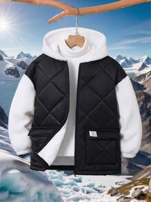 SHEIN Tween Boys Casual Contrast Fluffy Sleeve Hooded Zip-Up Warm Thickened Padded Coat - Black - View 1