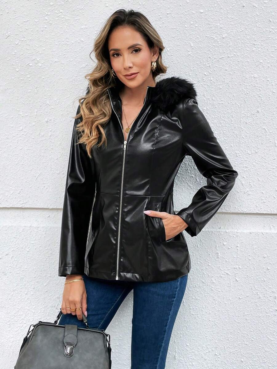 EMERY ROSE Áo khoác lông thú chắp vá màu trơn bằng da PU dành cho nữ, mùa thu/đông - màu đen - Xem 1