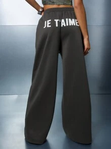 SUMWON WOMEN Je Taime French Text Loose Wide Leg Sweatpants Athletic Lounge Pants With Side Pockets Elastic Waist Casual Comfort Wear Fall Winter Style - Dark Grey - View 1
