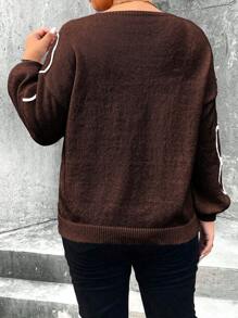 SHEIN Unity Plus Size Women Apricot V-Neck Floral Embroidery Regular Casual Pullover Sweater, Autumn/Winter Knit Pullover Fall Outfit