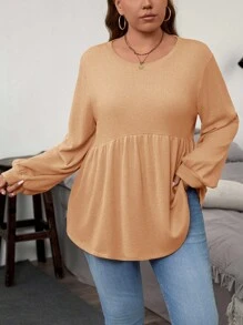 SHEIN LUNE Áo thun tay dài cổ tròn màu trơn cỡ lớn, phong cách tối giản giản dị, mùa thu - Màu Khaki - Xem 4