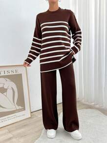 EURMUSE Woman Striped And Button Detailed Sweater And Pants Co-Ords Winter Two Piece Outfits - Brown - View 4