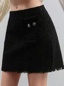 EURMUSE Women Elegant Solid Color Raw Trim Skirt - Black - View 6